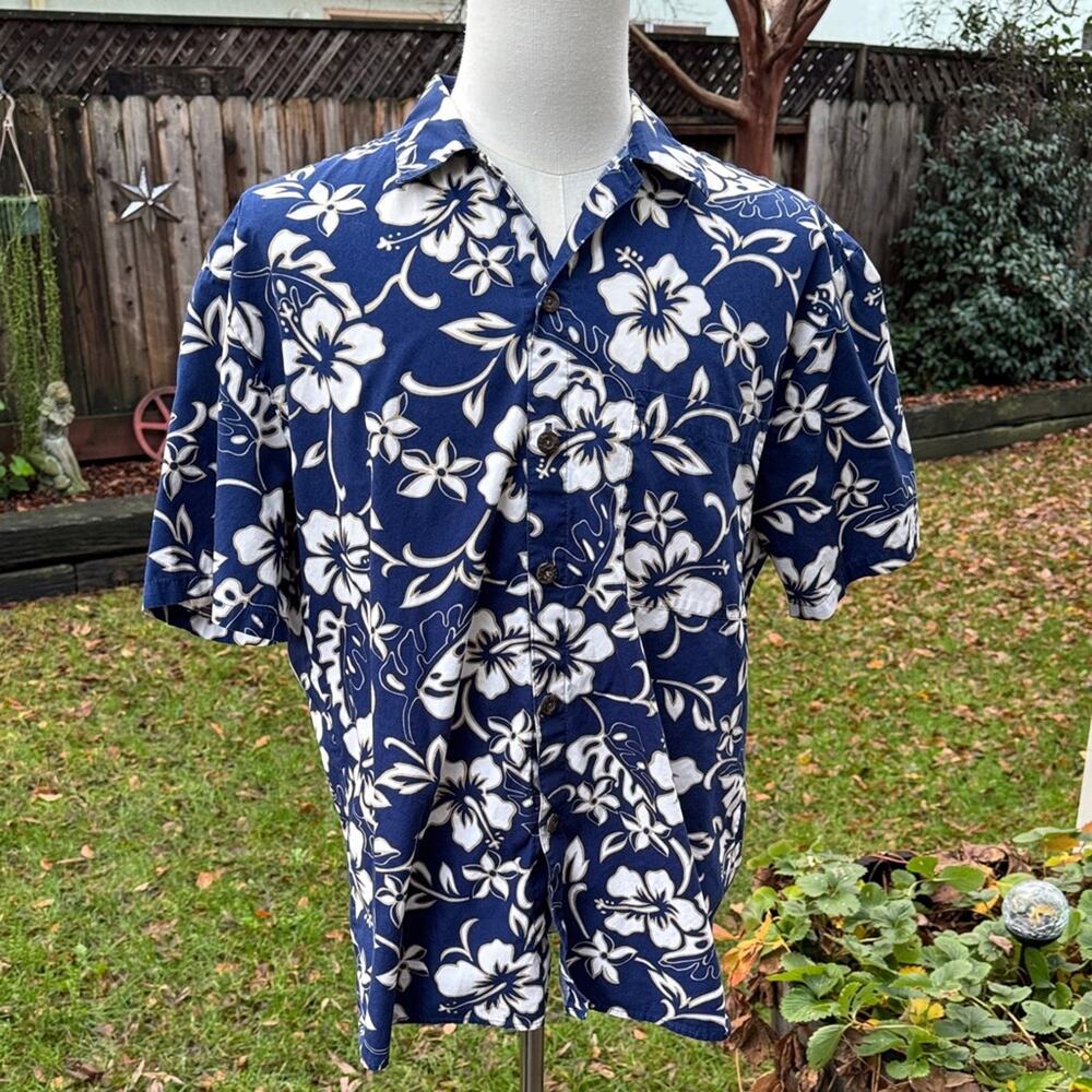 Vintage Hilo Hattie Blue White Hawaiian Shirt Hibiscus Flower Hawaii Men's L